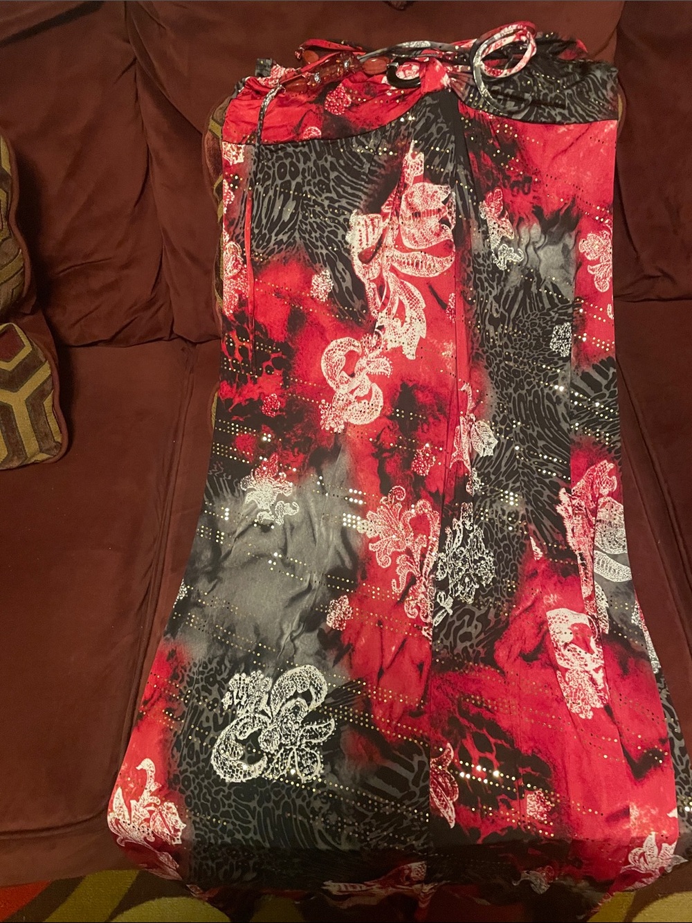 Bold Red and Black Printed Maxi Skirt with Drawstring Waist
